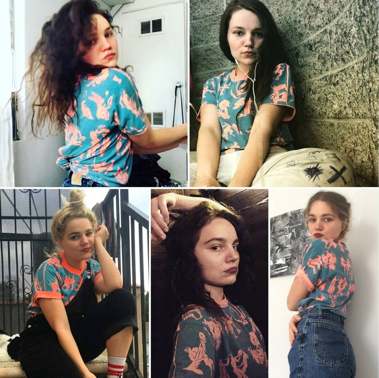 Ancient Greek sex scenes t-shirt hand printed in coral and aqua blue