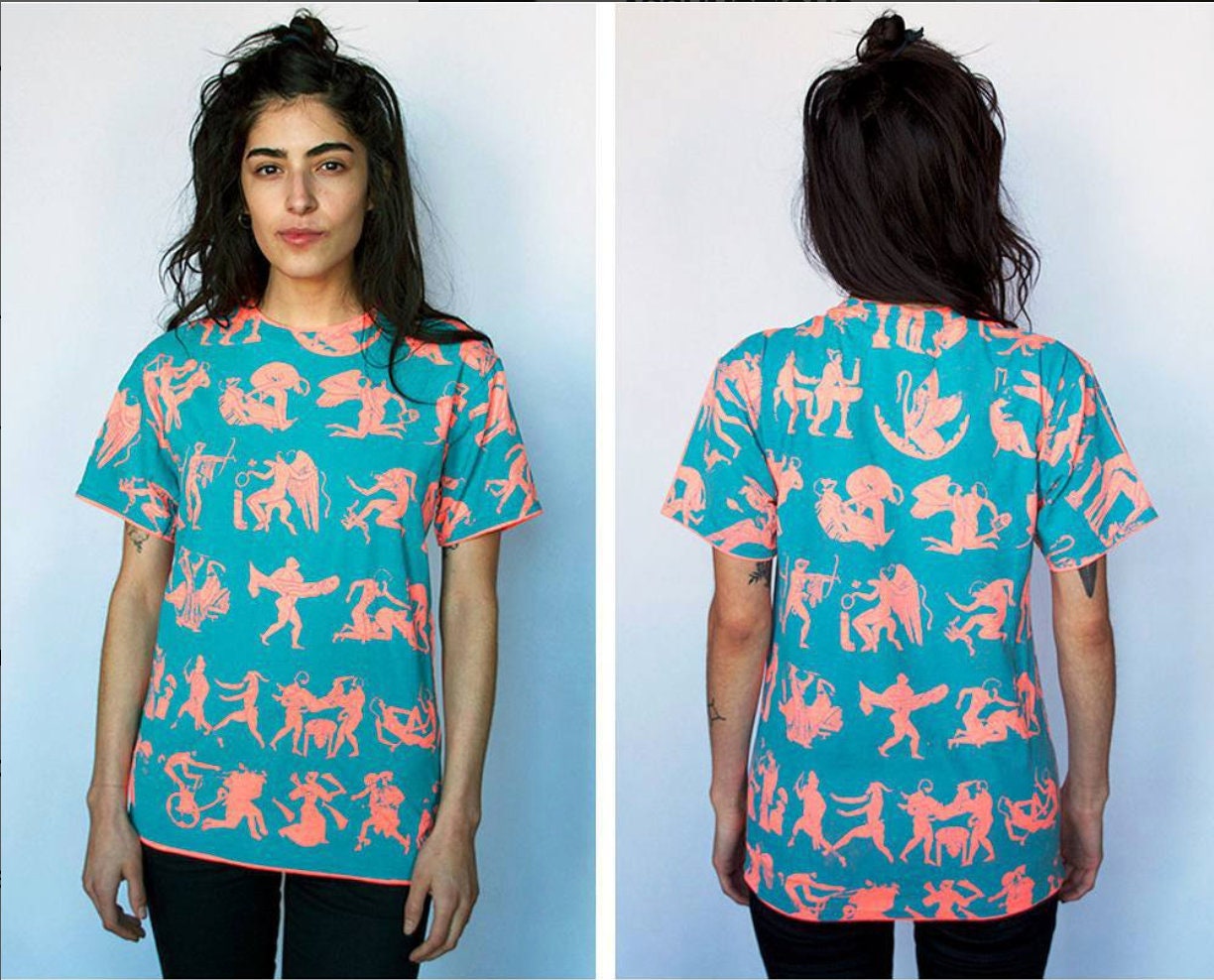 Ancient Greek sex scenes t-shirt hand printed in coral and aqua blue
