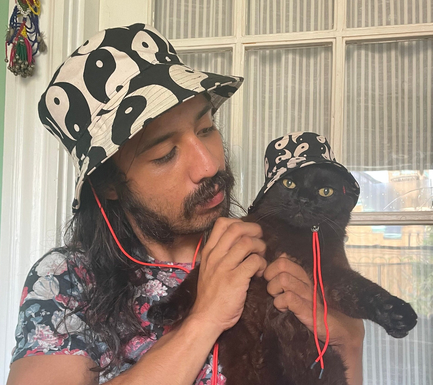 Tiny Bucket Hat for cats, small dogs, hair accessory, or to dress up kid's toys - made to order - yin yang -  one of a kind