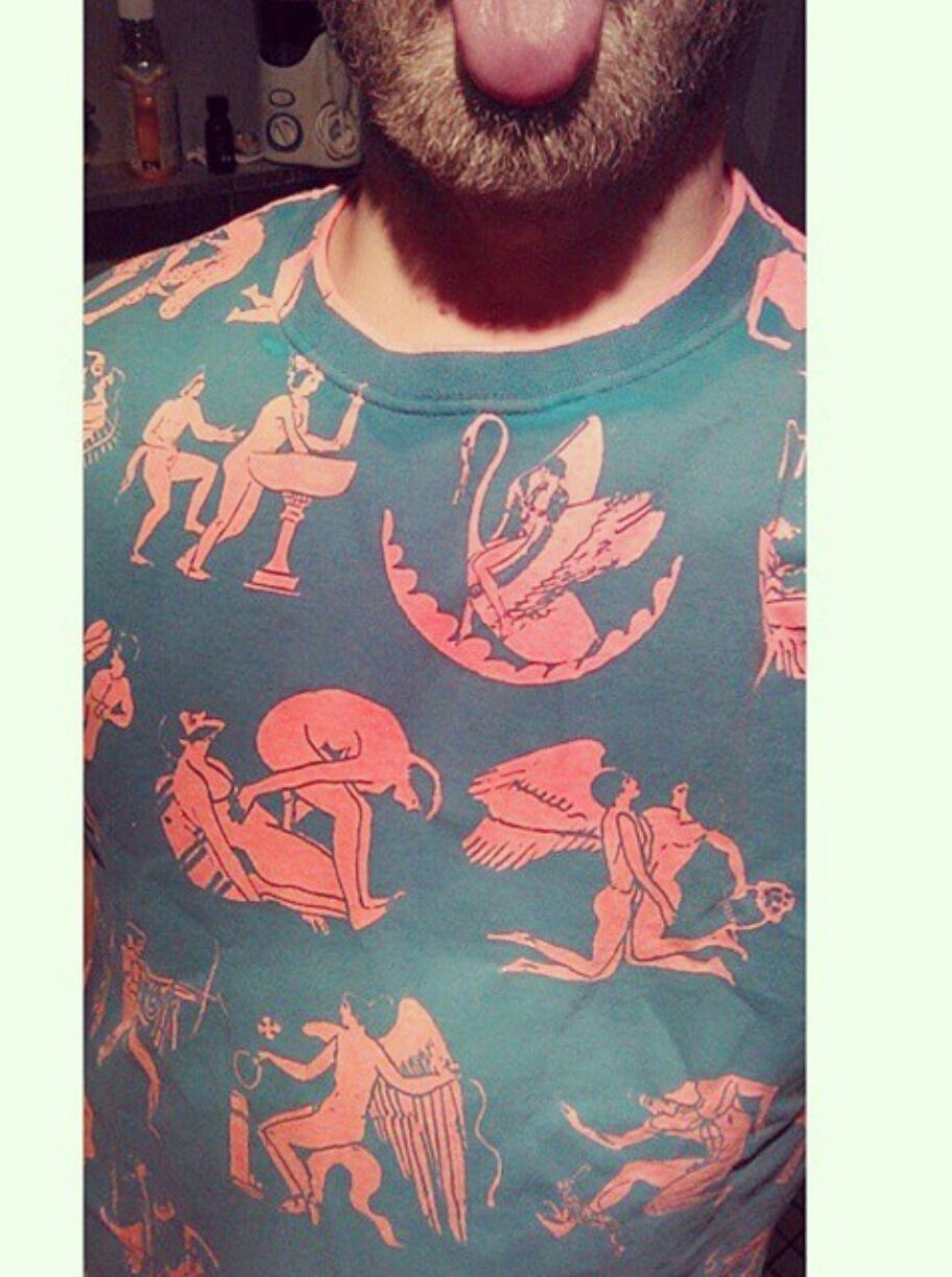 Ancient Greek sex scenes t-shirt hand printed in coral and aqua blue